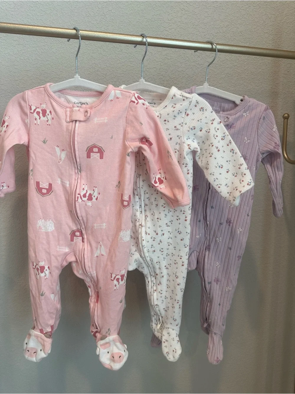 Carter's Pink, White and Purple Baby Footed One-Pieces - Farm & Floral Prints